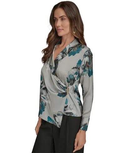 Donna Karan Petites Long-sleeve Printed Shawl-collar Blouse In Gray