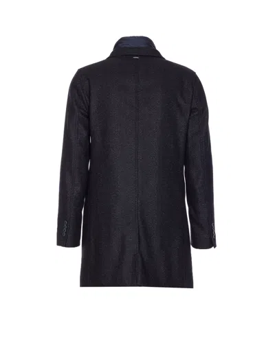 Herno Wool Blend Herringbone Topcoat With Removable Insulated Bib In Blue