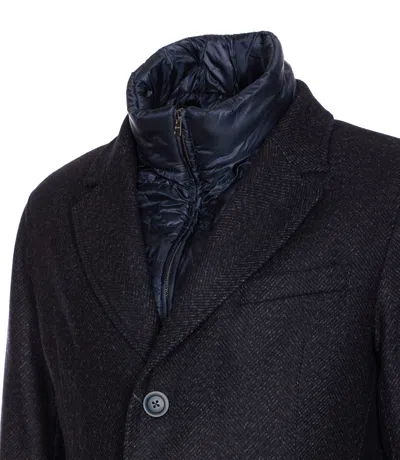 Herno Wool Blend Herringbone Topcoat With Removable Insulated Bib In Blue