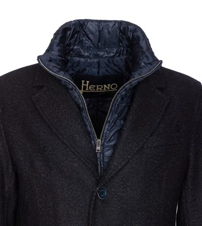 Herno Wool Blend Herringbone Topcoat With Removable Insulated Bib In Blue