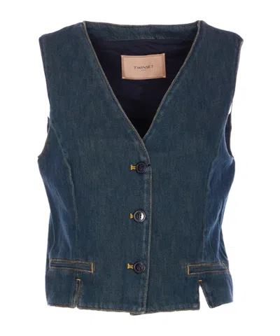 Twinset Denim Vest With Front Pockets And V-neckline In Blue