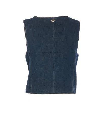 Twinset Denim Vest With Front Pockets And V-neckline In Blue