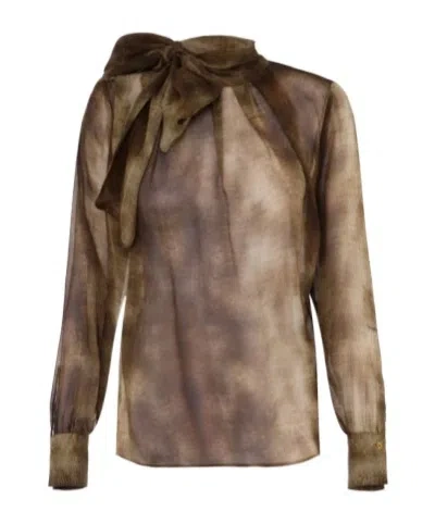 Elisabetta Franchi Sheer Silk Blouse With Integrated Scarf In Brown