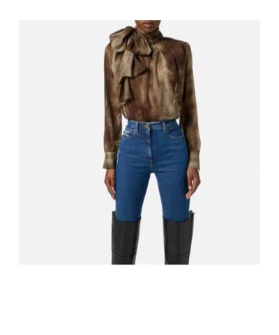 Elisabetta Franchi Sheer Silk Blouse With Integrated Scarf In Brown