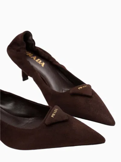 Prada Suede Kitten Heel Pumps With Pointed Toe In Brown