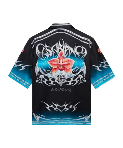 Casablanca Floral Graphic Short Sleeve Satin Top In Black