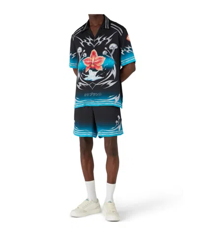 Casablanca Floral Graphic Short Sleeve Satin Top In Black