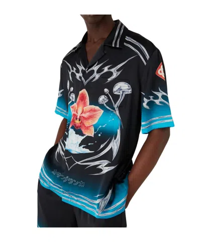 Casablanca Floral Graphic Short Sleeve Satin Top In Black