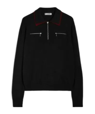 Jil Sander Black Sweater With Classic Collar And Front Zip Pockets In Wool Man In Black