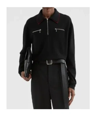 Jil Sander Black Sweater With Classic Collar And Front Zip Pockets In Wool Man In Black