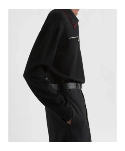 Jil Sander Black Sweater With Classic Collar And Front Zip Pockets In Wool Man In Black