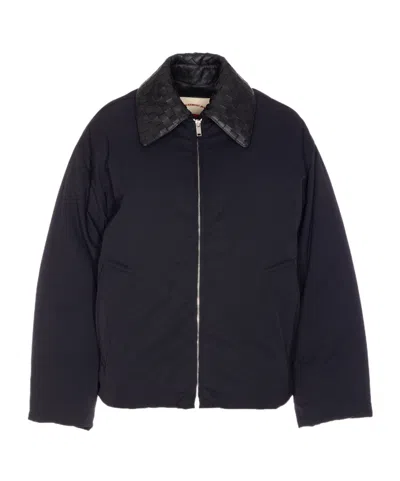 Bottega Veneta Beige Padded Bomber With Intreccio Leather Collar In Blue