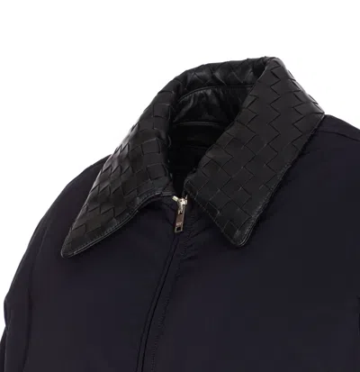 Bottega Veneta Beige Padded Bomber With Intreccio Leather Collar In Blue