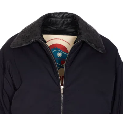 Bottega Veneta Beige Padded Bomber With Intreccio Leather Collar In Blue