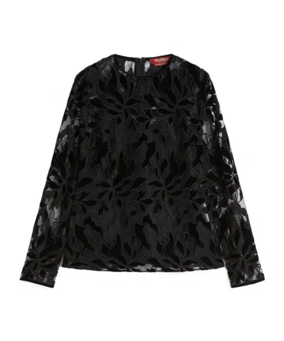 Max Mara Tulle T-shirt With Velvet Embroidery In Black