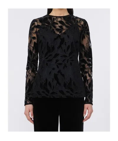 Max Mara Tulle T-shirt With Velvet Embroidery In Black