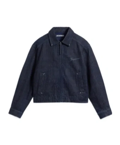Jacquemus Dark Indigo Denim Jacket With Front Zipper And Logo In Blue