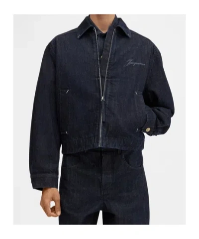 Jacquemus Dark Indigo Denim Jacket With Front Zipper And Logo In Blue
