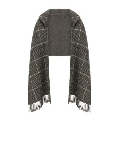 Brunello Cucinelli Checked Pattern Hooded Scarf With Fringed Edges In Gray
