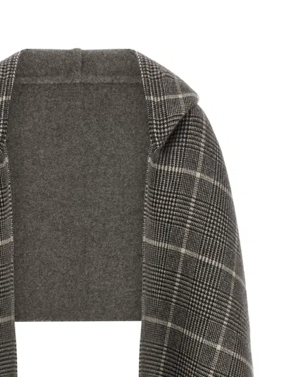 Brunello Cucinelli Checked Pattern Hooded Scarf With Fringed Edges In Gray