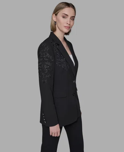 Karl Lagerfeld Women's Floral-embroidered Longline Blazer In Black