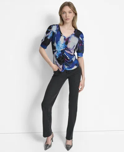Dkny Women's Printed Puff-sleeve Ruched Top