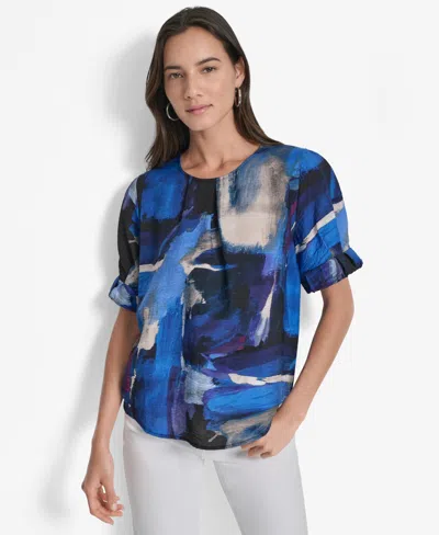 Dkny Women's Printed Voile Short-sleeve Blouse In Blue