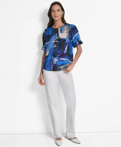 Dkny Women's Printed Voile Short-sleeve Blouse In Blue