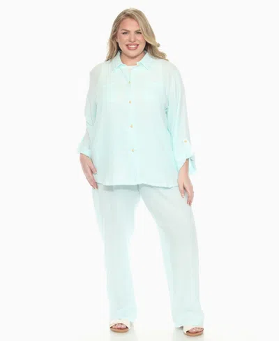 White Mark Plus Size Long Sleeve Button Down Cotton Gauze Set In Green