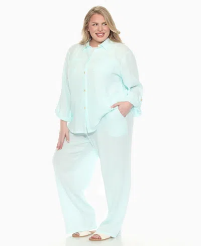 White Mark Plus Size Long Sleeve Button Down Cotton Gauze Set In Green