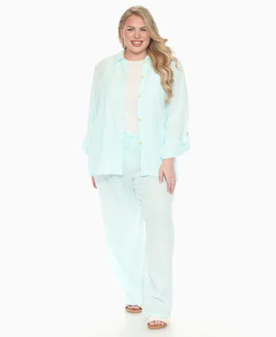 White Mark Plus Size Long Sleeve Button Down Cotton Gauze Set In Green