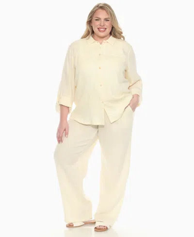 White Mark Plus Size Long Sleeve Button Down Cotton Gauze Set In Yellow