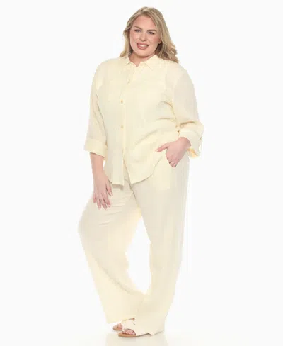 White Mark Plus Size Long Sleeve Button Down Cotton Gauze Set In Yellow