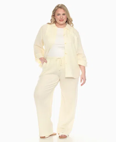 White Mark Plus Size Long Sleeve Button Down Cotton Gauze Set In Yellow