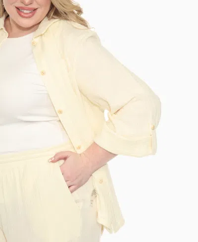 White Mark Plus Size Long Sleeve Button Down Cotton Gauze Set In Yellow