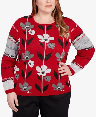 Alfred Dunner Plus Size Classic Vertical Flower Zig Zag Sweater In Red