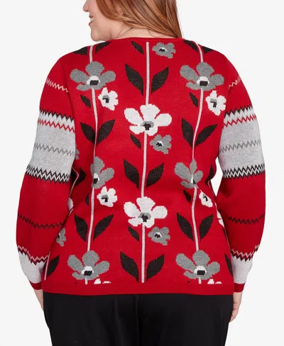 Alfred Dunner Plus Size Classic Vertical Flower Zig Zag Sweater In Red
