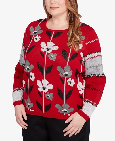 Alfred Dunner Plus Size Classic Vertical Flower Zig Zag Sweater In Red