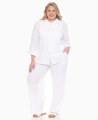 White Mark Plus Size Long Sleeve Button Down Cotton Gauze Set In White