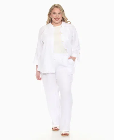 White Mark Plus Size Long Sleeve Button Down Cotton Gauze Set In White
