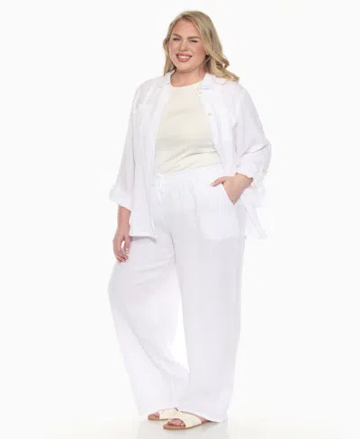White Mark Plus Size Long Sleeve Button Down Cotton Gauze Set In White