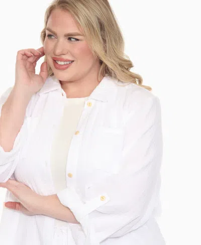 White Mark Plus Size Long Sleeve Button Down Cotton Gauze Set In White