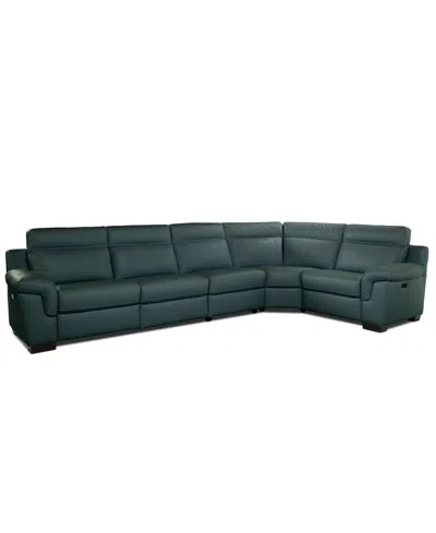 Macy's Julius Ii 5-pc. Leather L Sectional With 3 Power Recliners,  Exclusive In Green