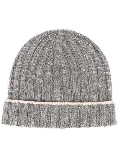 Brunello Cucinelli Ribbed Sweater Cap Two-tone Turn-up Brim In Gray