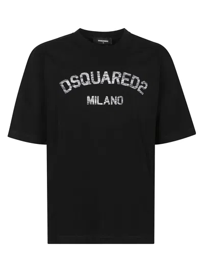 Dsquared2 Loose Fit Tee Logo Dsq2 Milano Sbiadito Effetto Texture Jersey Di Cotone T-shirt In Black