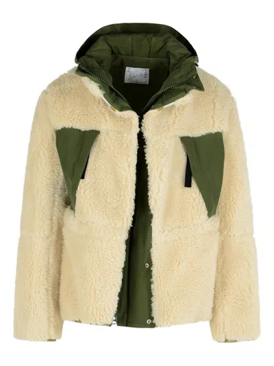 Sacai Eco Shearling And Nylon Jacket In Sand