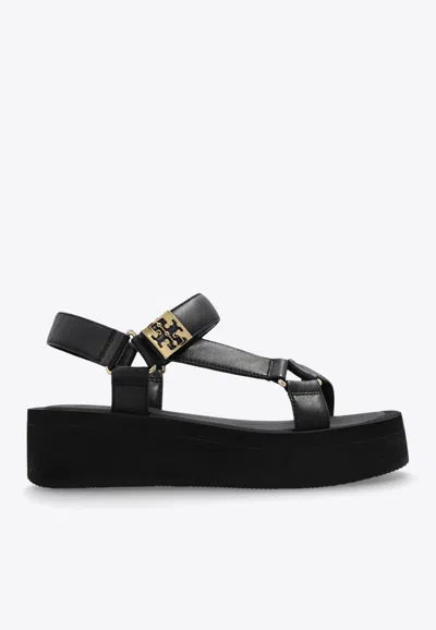 Tory Burch Round Toe Leather Platform Sandals With Ankle Strap In Black