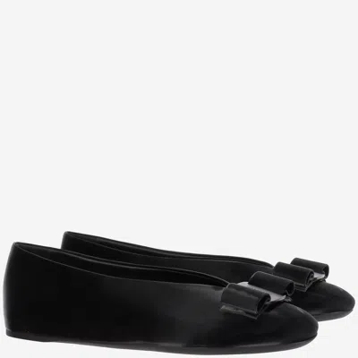 Ferragamo Leather Round Toe Ballerina Shoes With Bow Detail In Blue