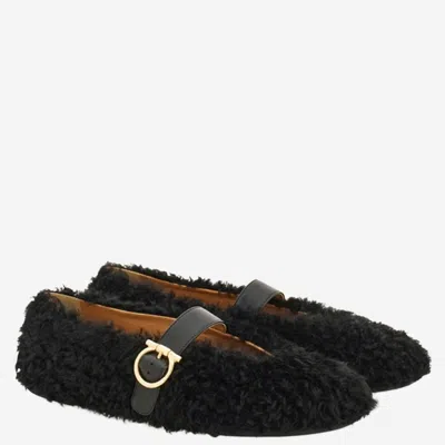 Ferragamo Shearling Ballet Flats In Black