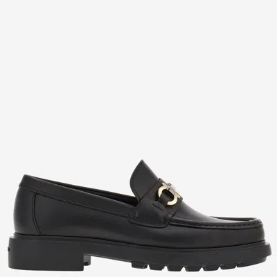 Ferragamo Leather Loafer With Gancini Metal Detail In Black